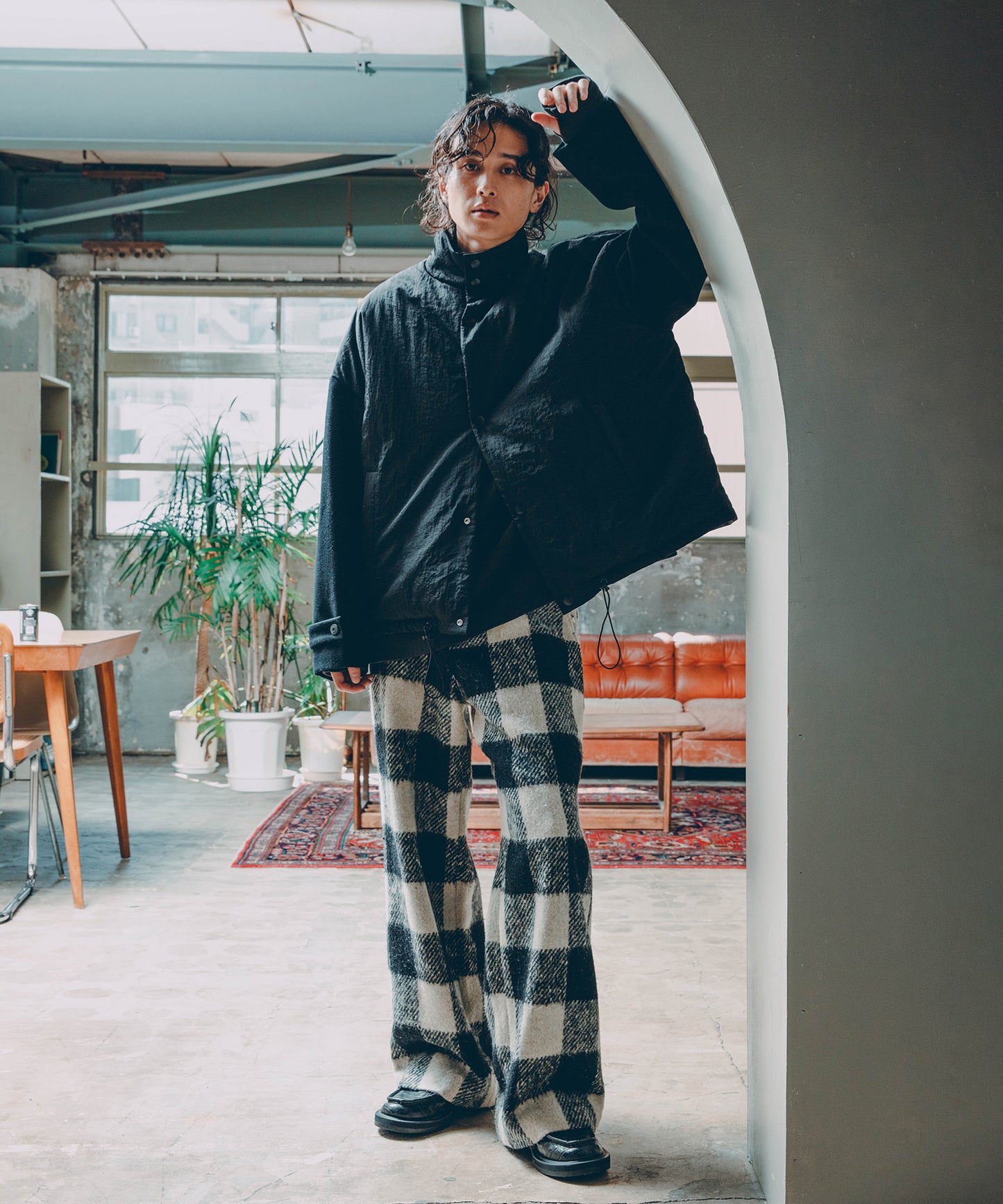 block plaid wide full-length slacks