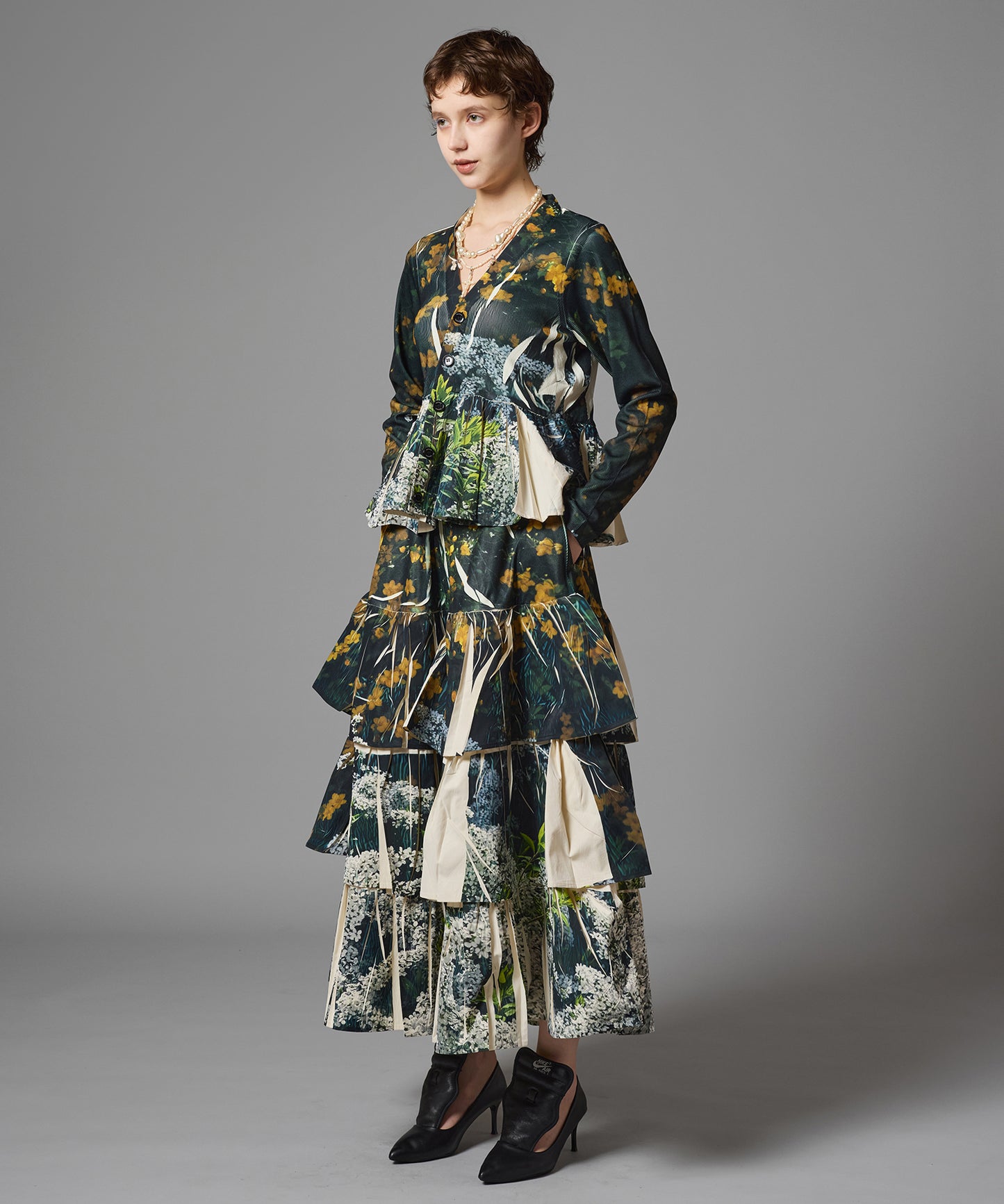 DIRECT PRINT RIB GATHER LONG SKIRT