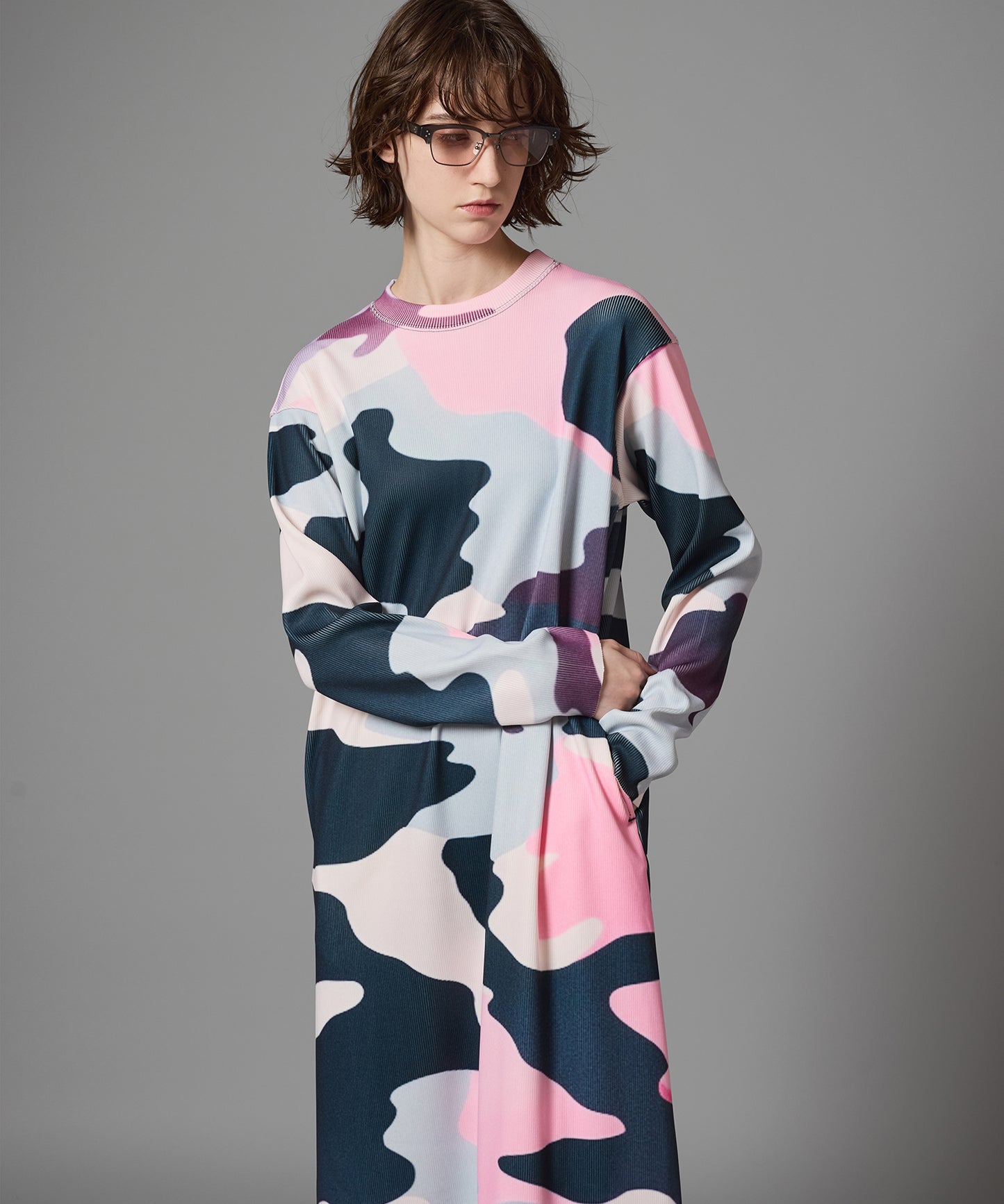 PRINT RIB L/S ONE-PIECE