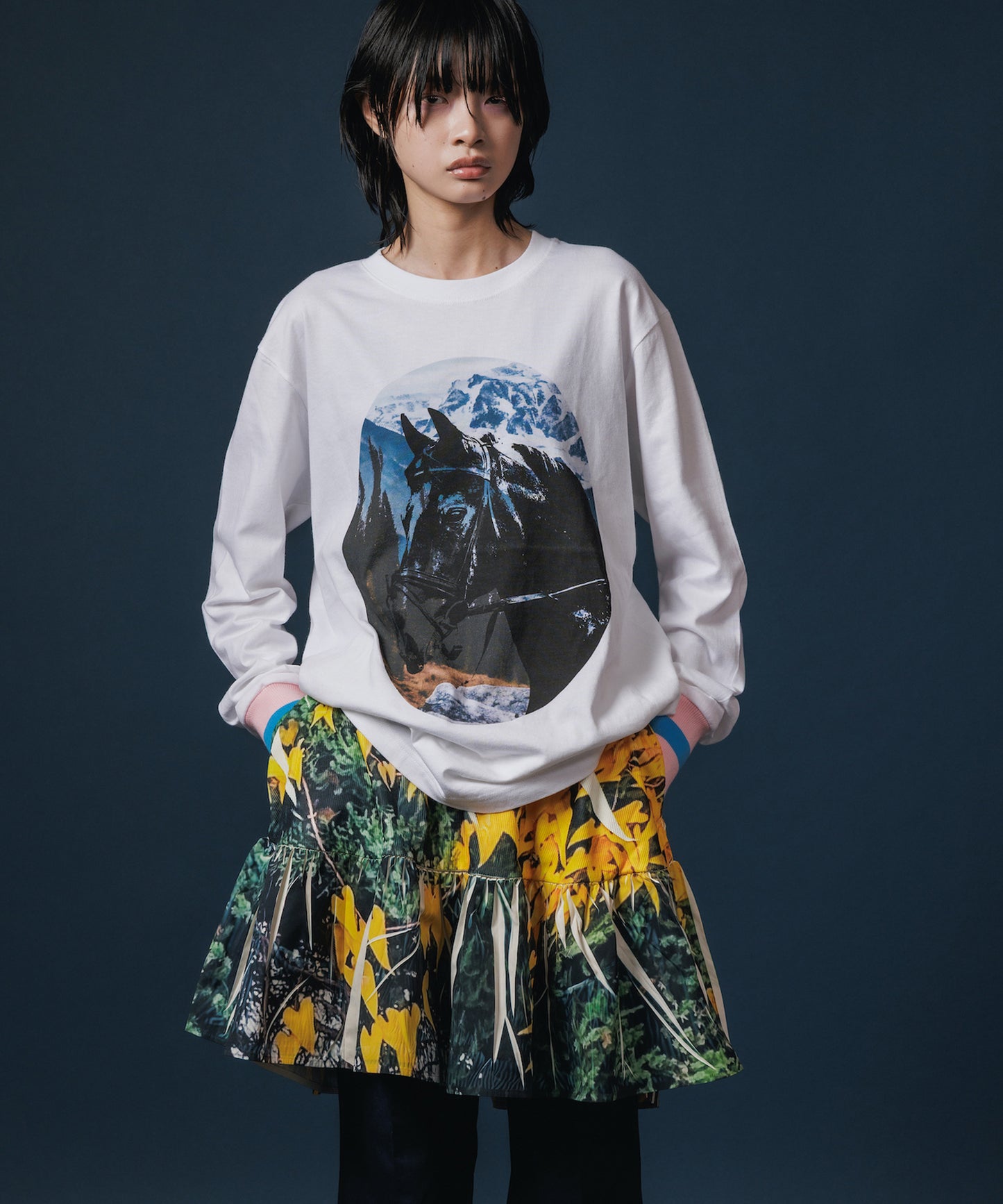 DIRECT PRINT RIB GATHER MINI SKIRT 【納期8月下旬】