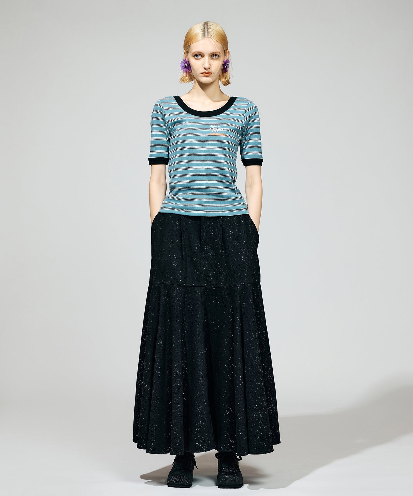 LAME DENIM FLARE SKIRT