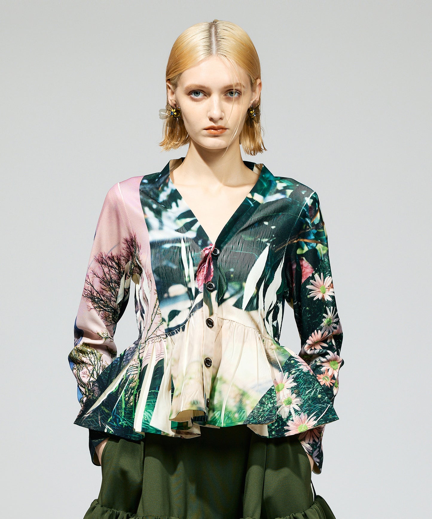 DIRECT PRINT RIB GATHER CARDIGAN