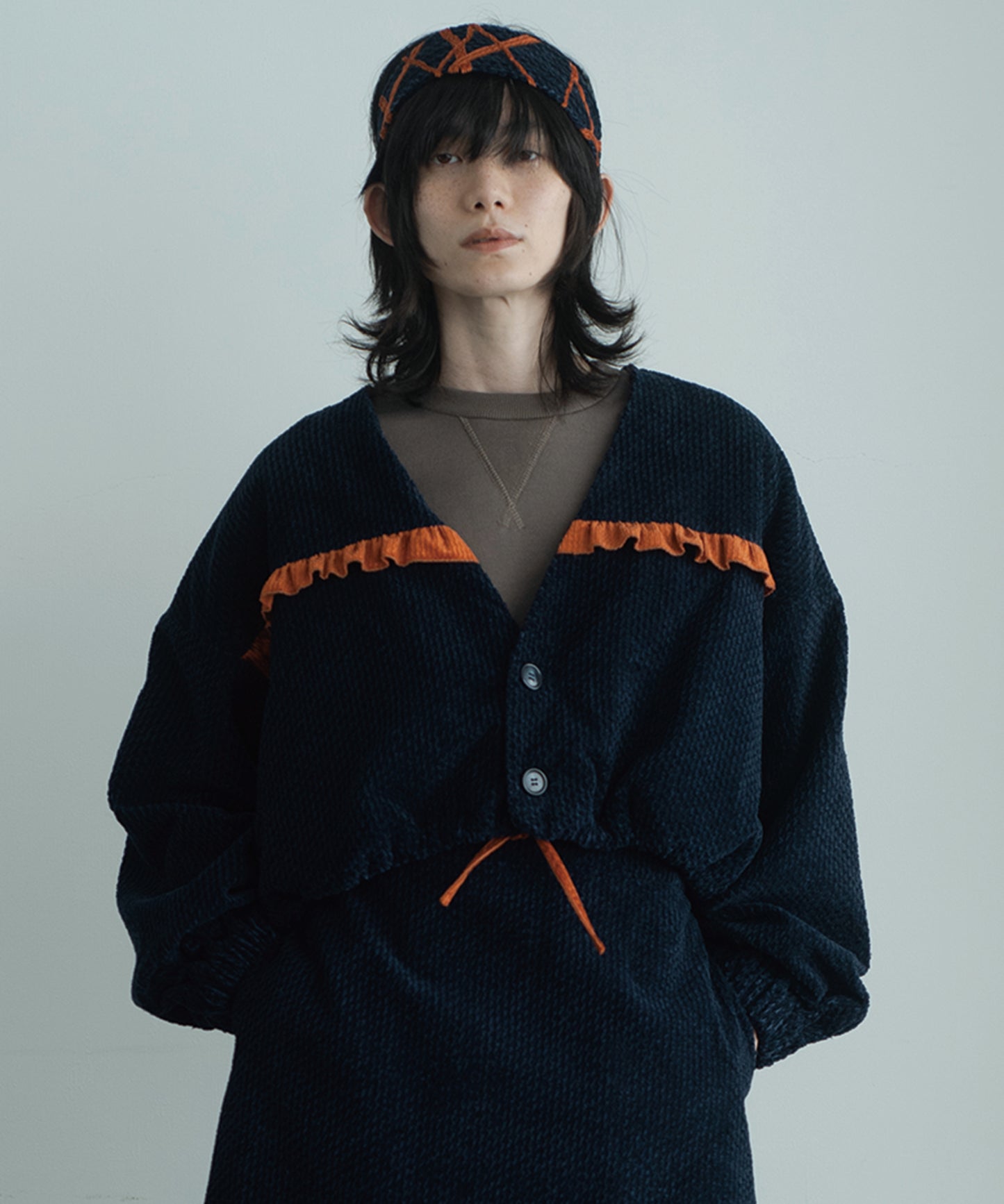 handwork frilled collarless jacket 【納期8月下旬】