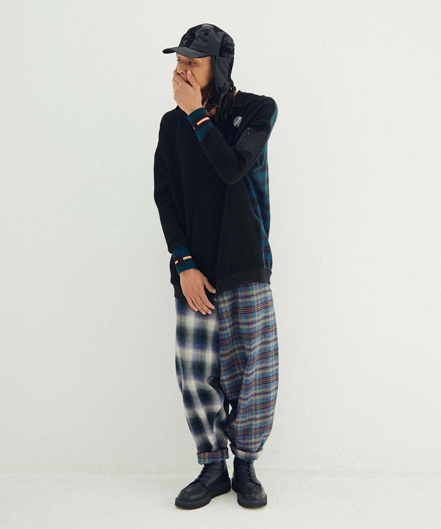 Half flannel check Wide Pants