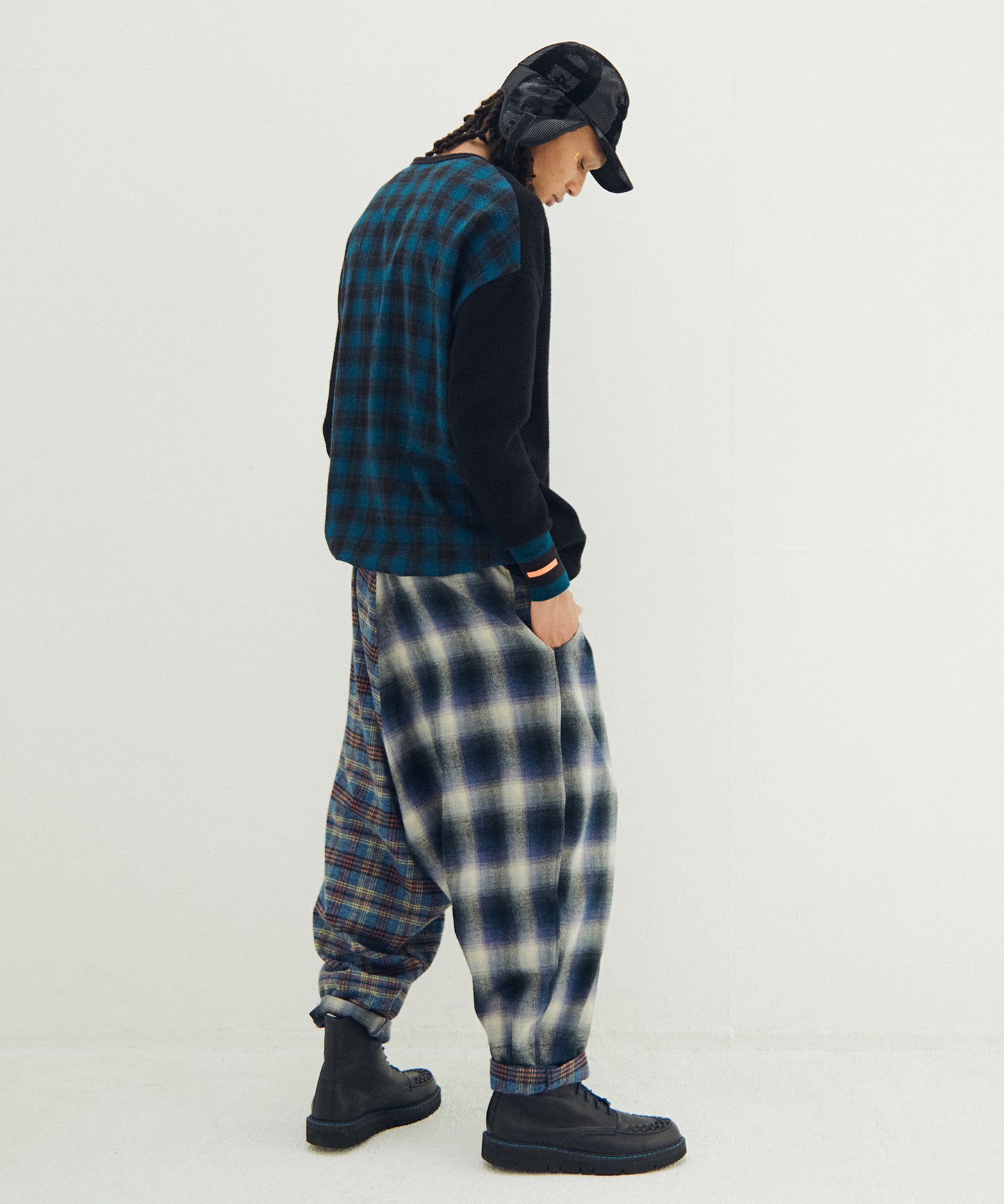Half flannel check Wide Pants