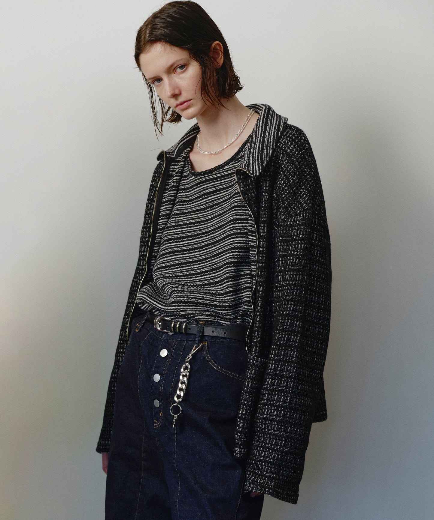 CHAIN STITCH KNIT ZIP CARDIGAN