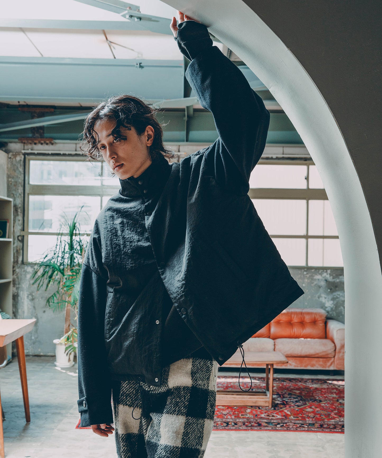 block plaid wide full-length slacks