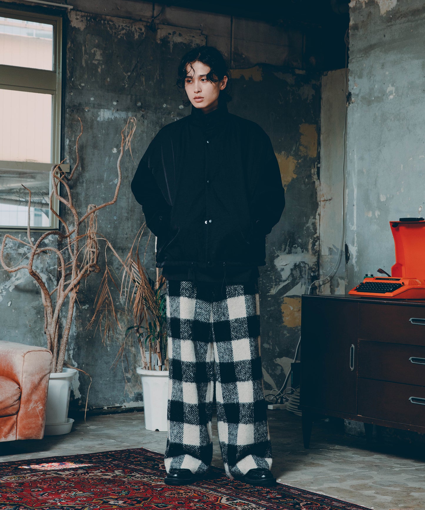 block plaid wide full-length slacks