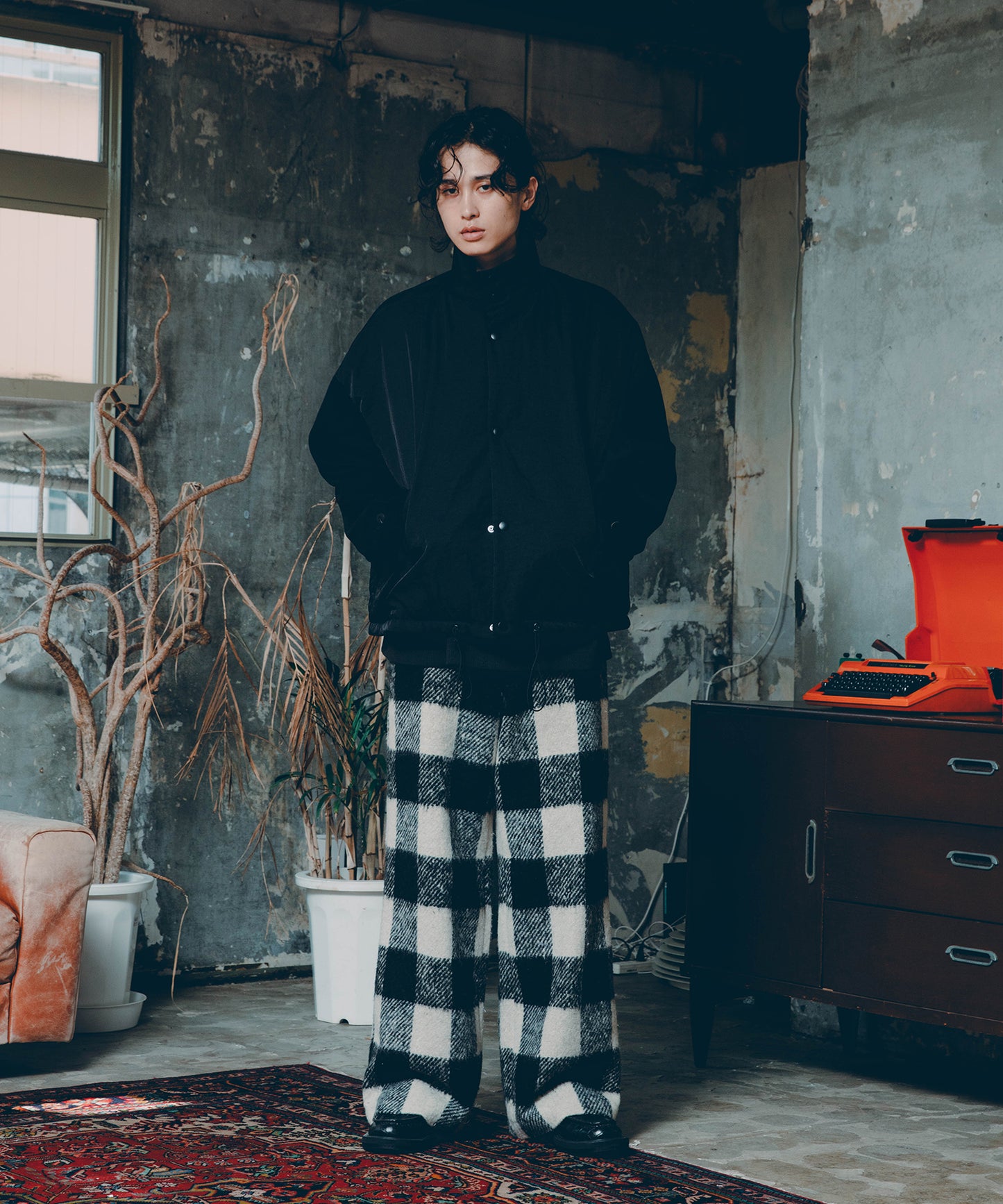 block plaid wide full-length slacks