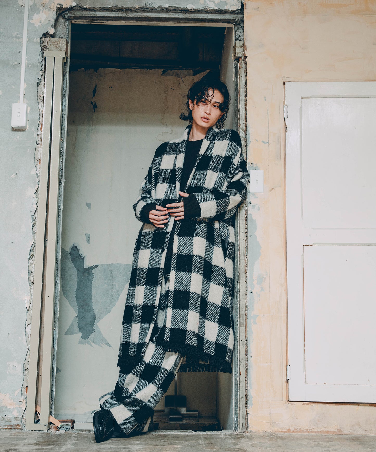 block plaid wide full-length slacks