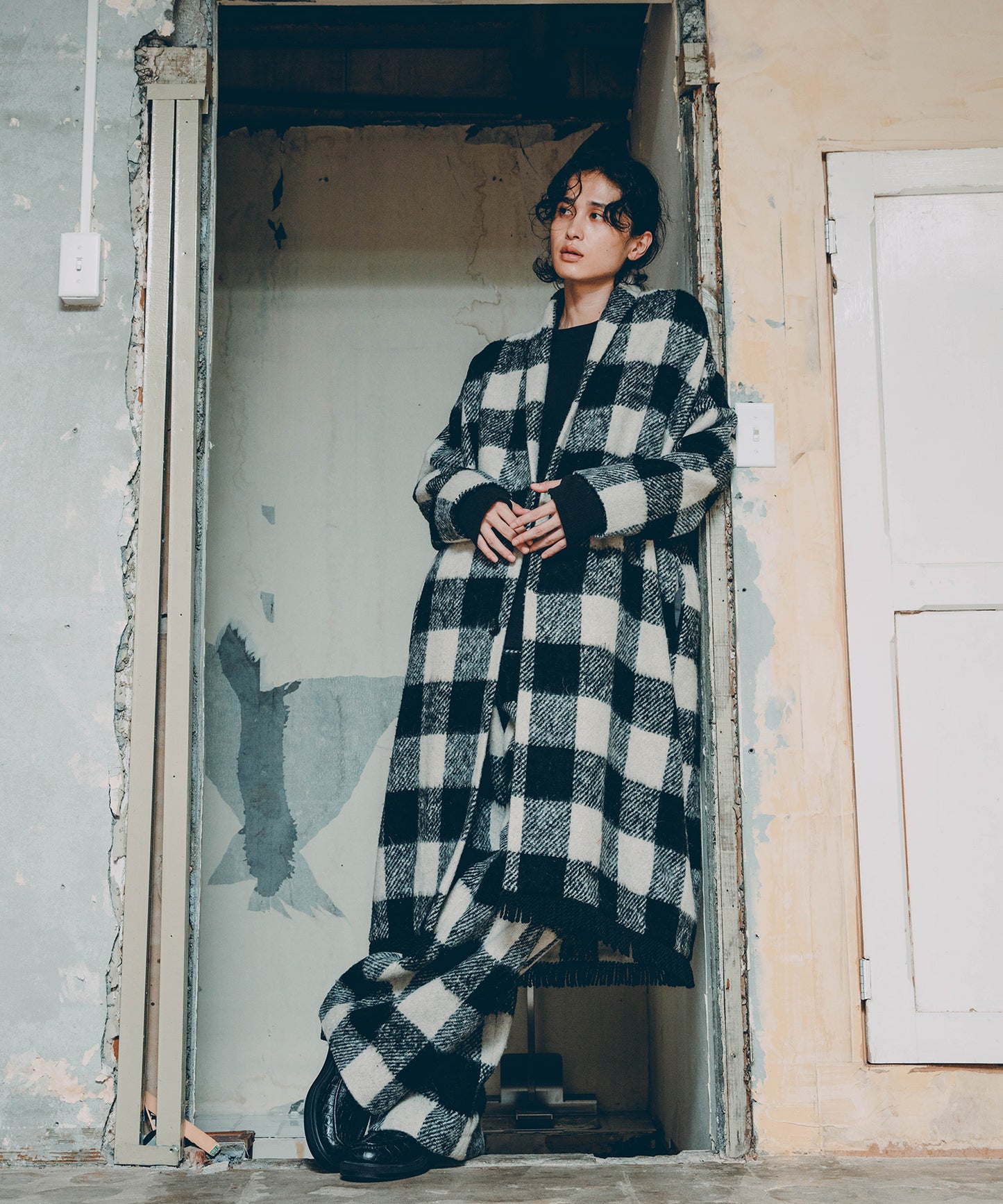 block plaid wide full-length slacks