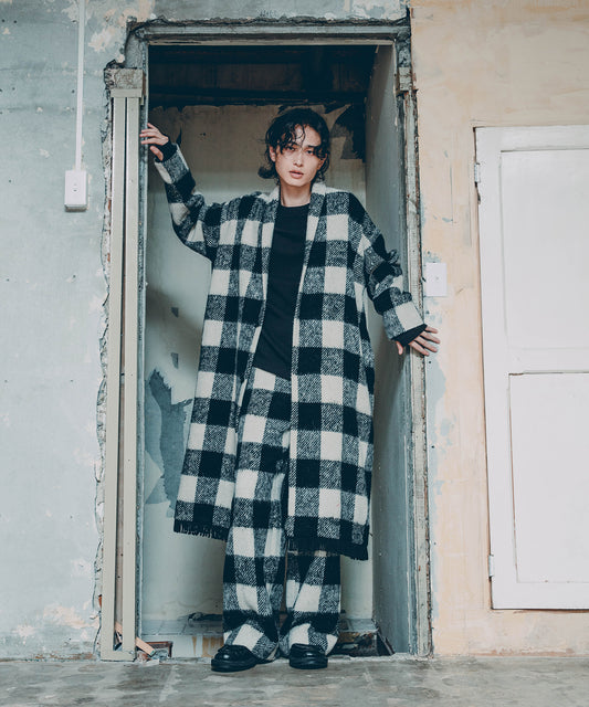 block plaid fringe coat