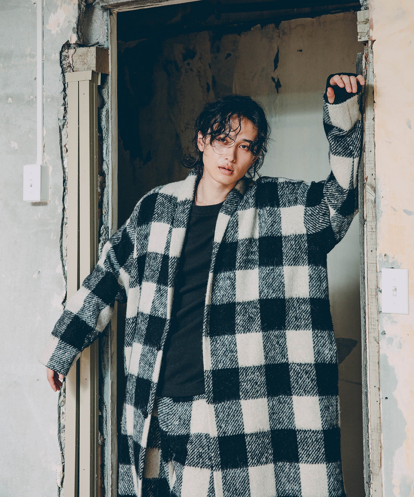 block plaid fringe coat