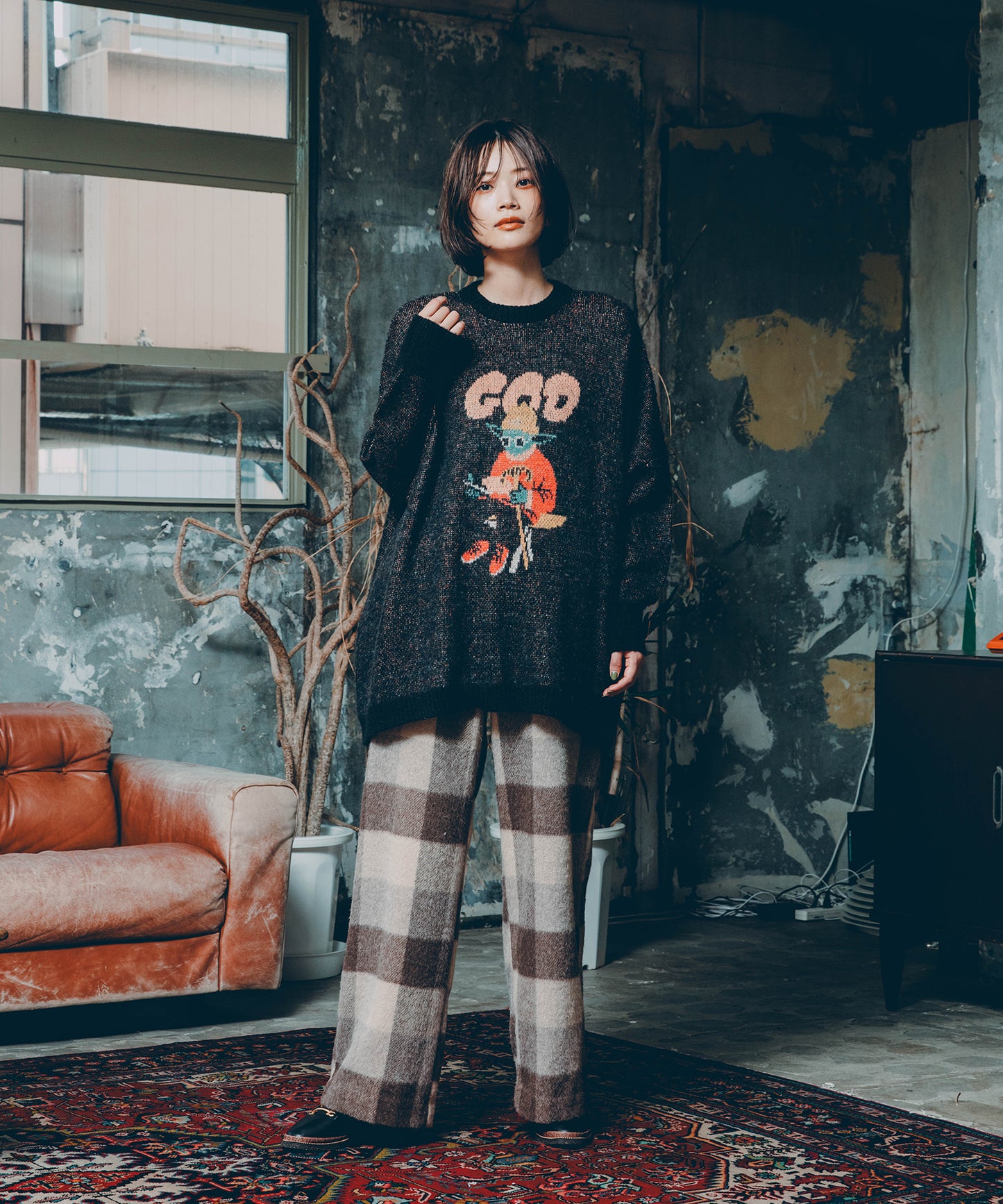 block plaid wide full-length slacks