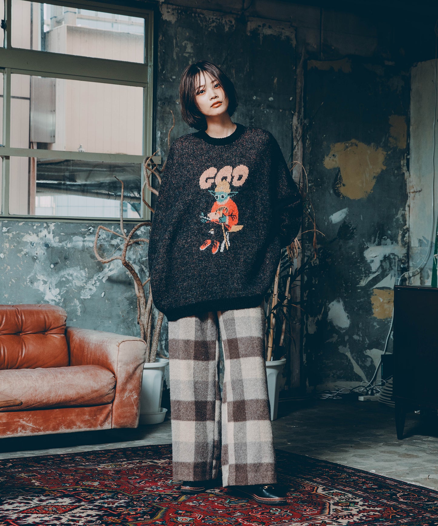 block plaid wide full-length slacks