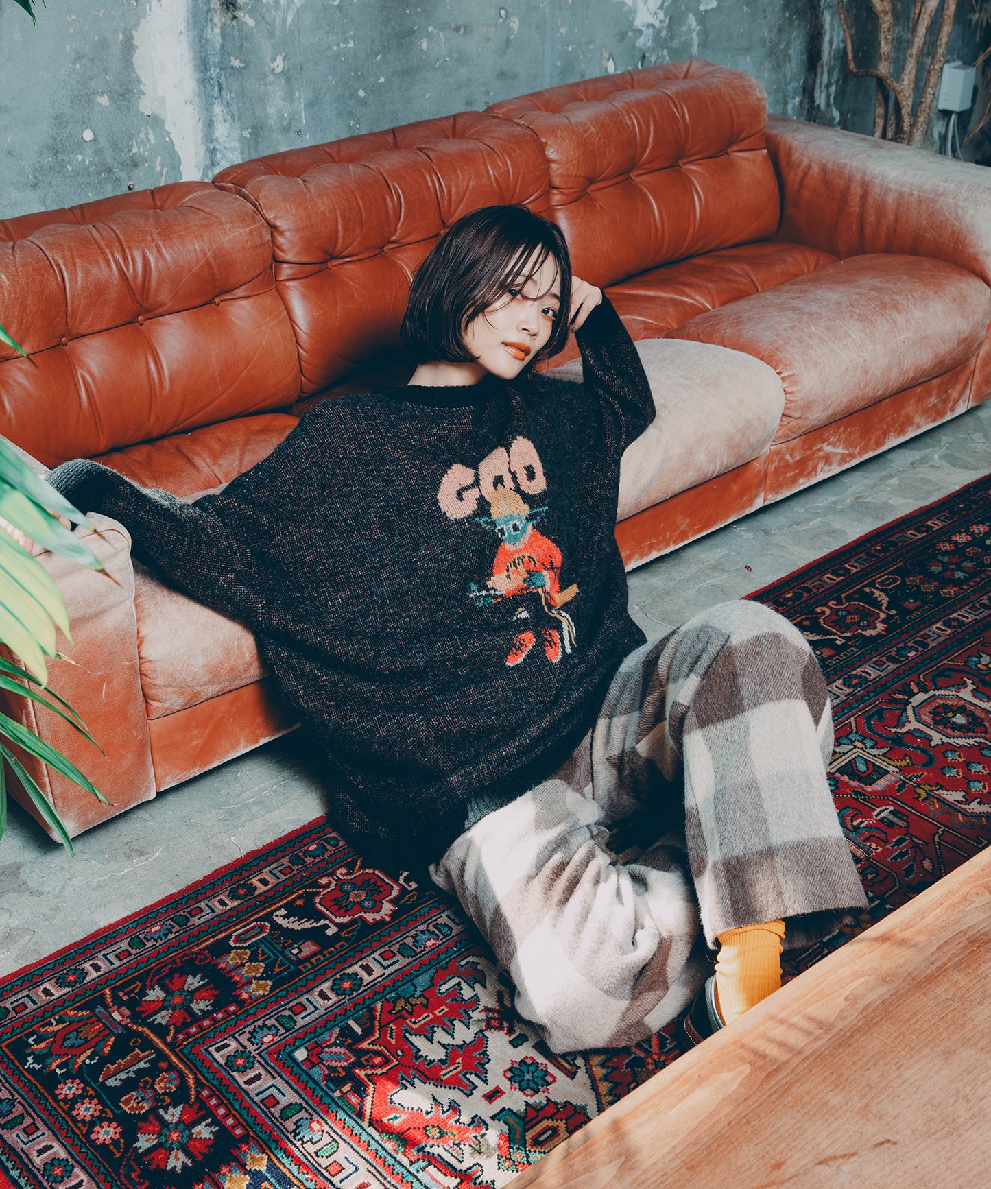 block plaid wide full-length slacks
