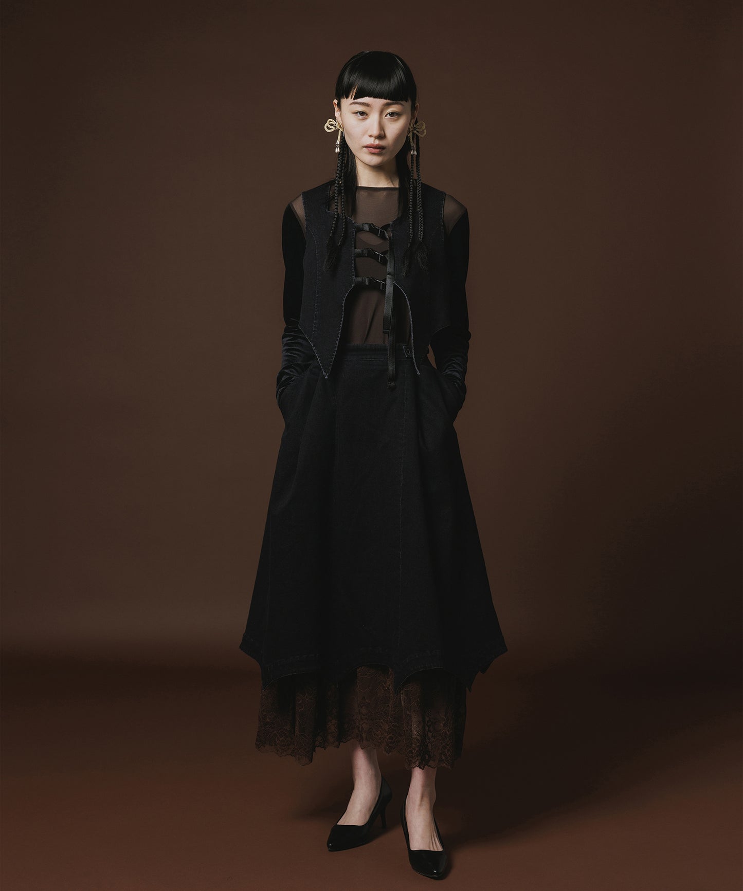 BATWING HEM DENIM & LACE SKIRT