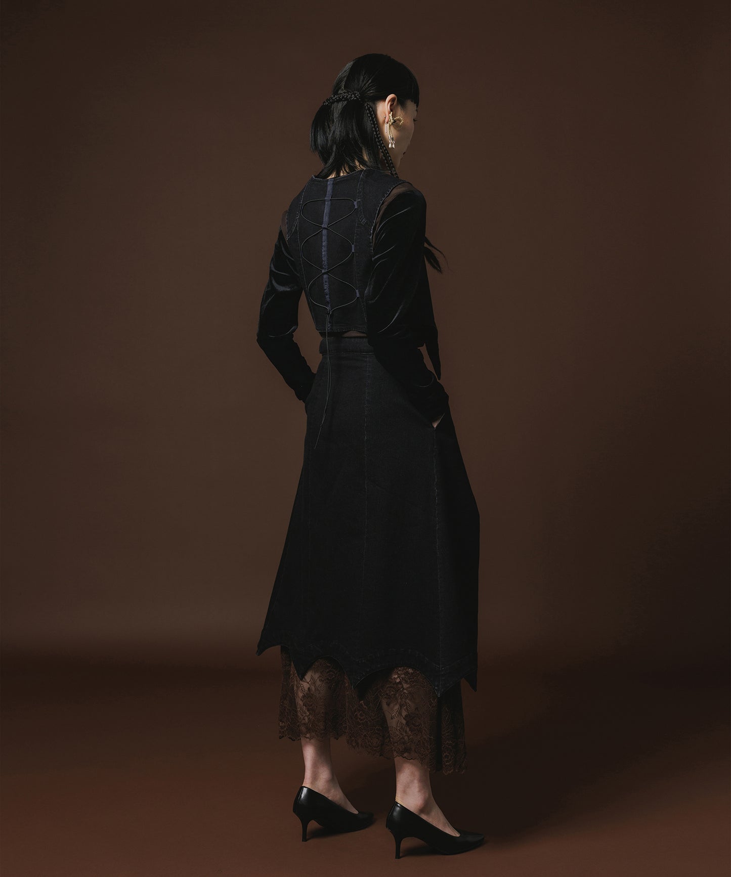 BATWING HEM DENIM & LACE SKIRT