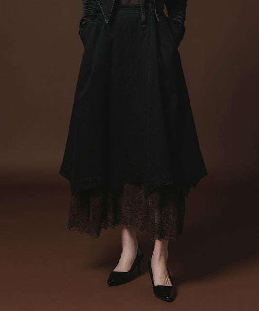 BATWING HEM DENIM & LACE SKIRT