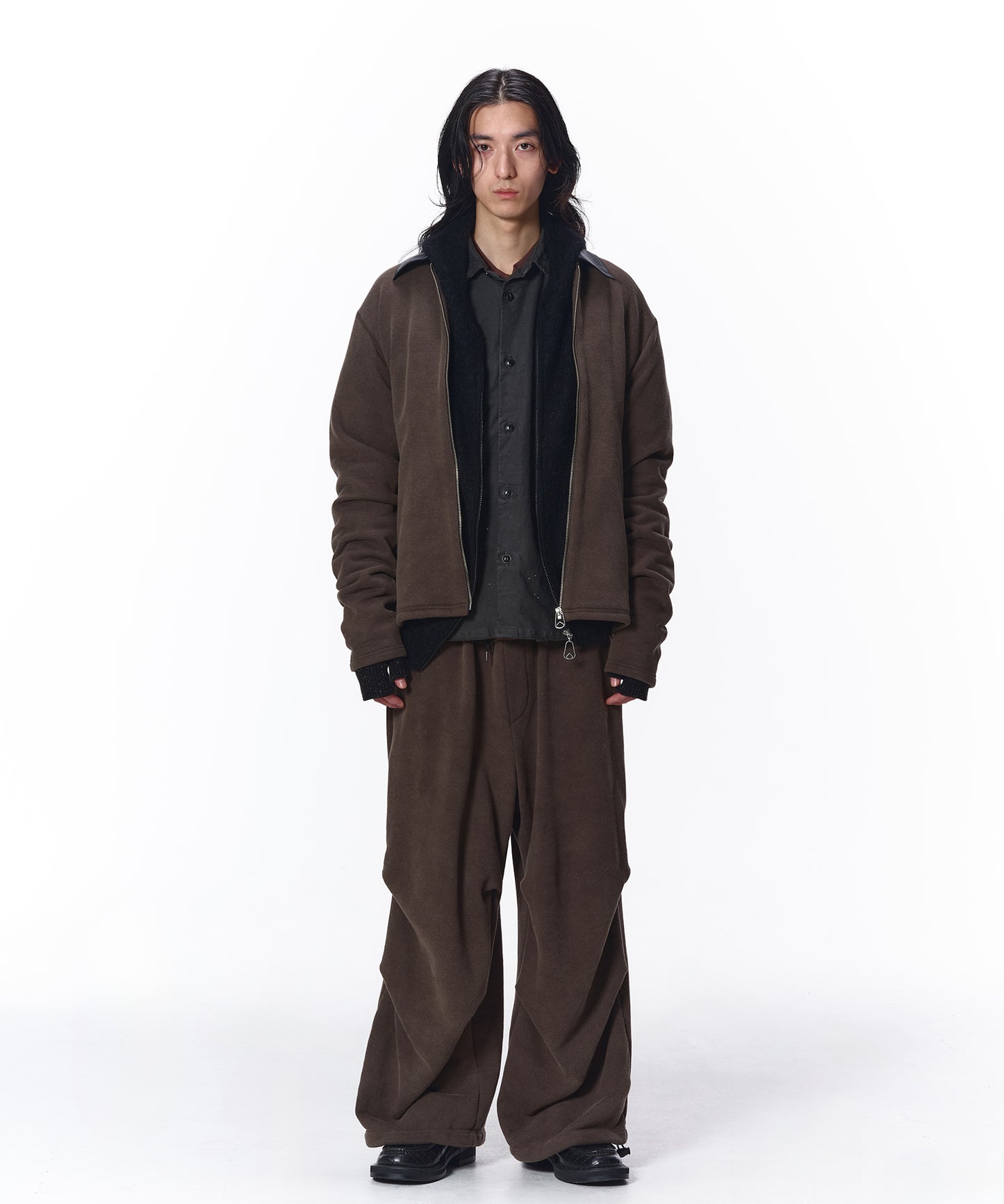 LEATHER COLLAR FADE SWEAT ZIP JACKET