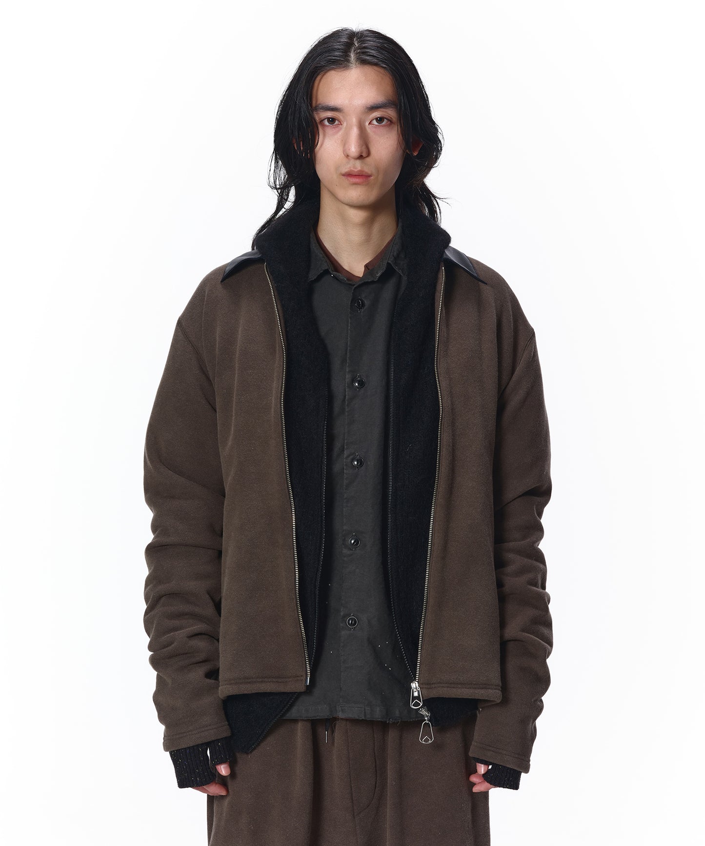LEATHER COLLAR FADE SWEAT ZIP JACKET