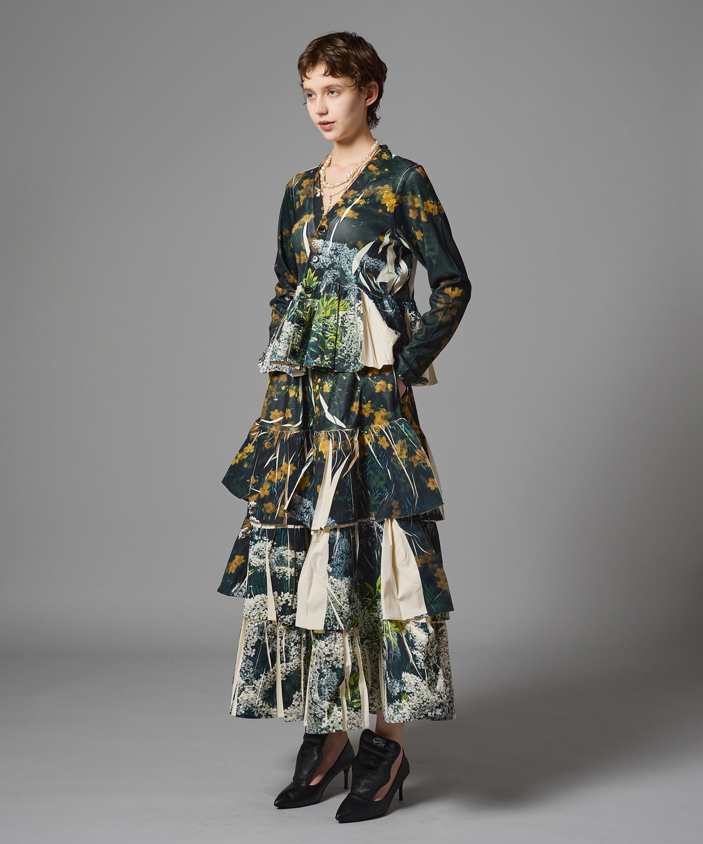 DIRECT PRINT RIB GATHER CARDIGAN