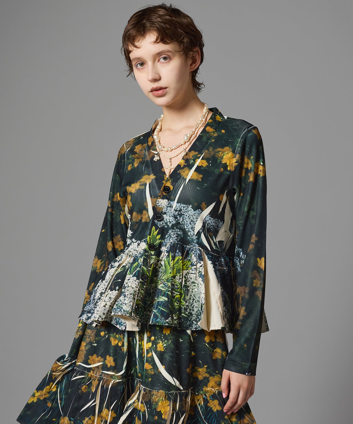 DIRECT PRINT RIB GATHER CARDIGAN