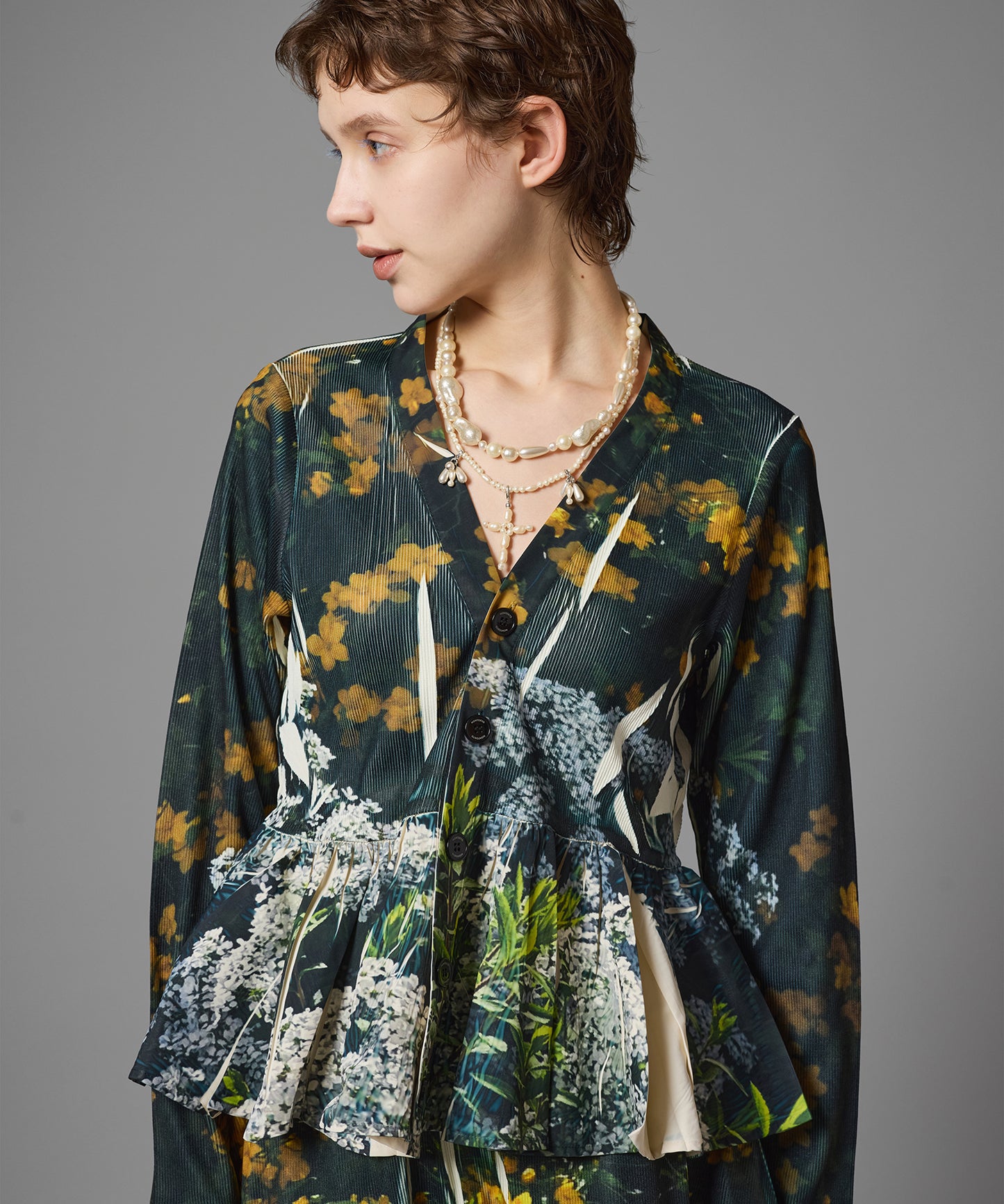 DIRECT PRINT RIB GATHER CARDIGAN
