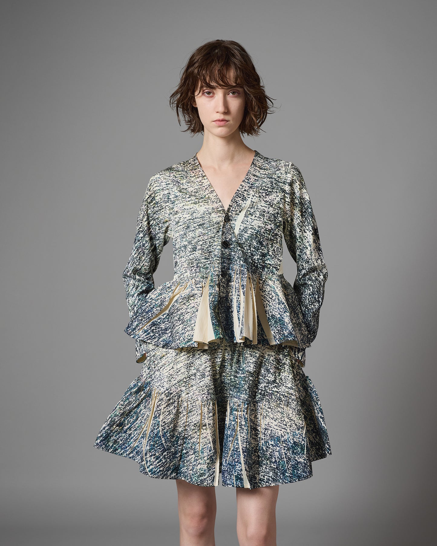 DIRECT PRINT RIB GATHER CARDIGAN