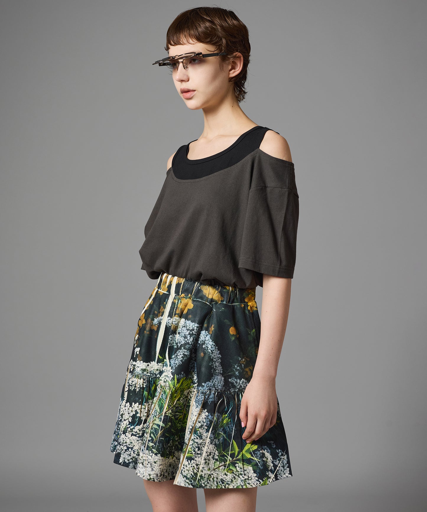 DIRECT PRINT RIB GATHER MINI SKIRT