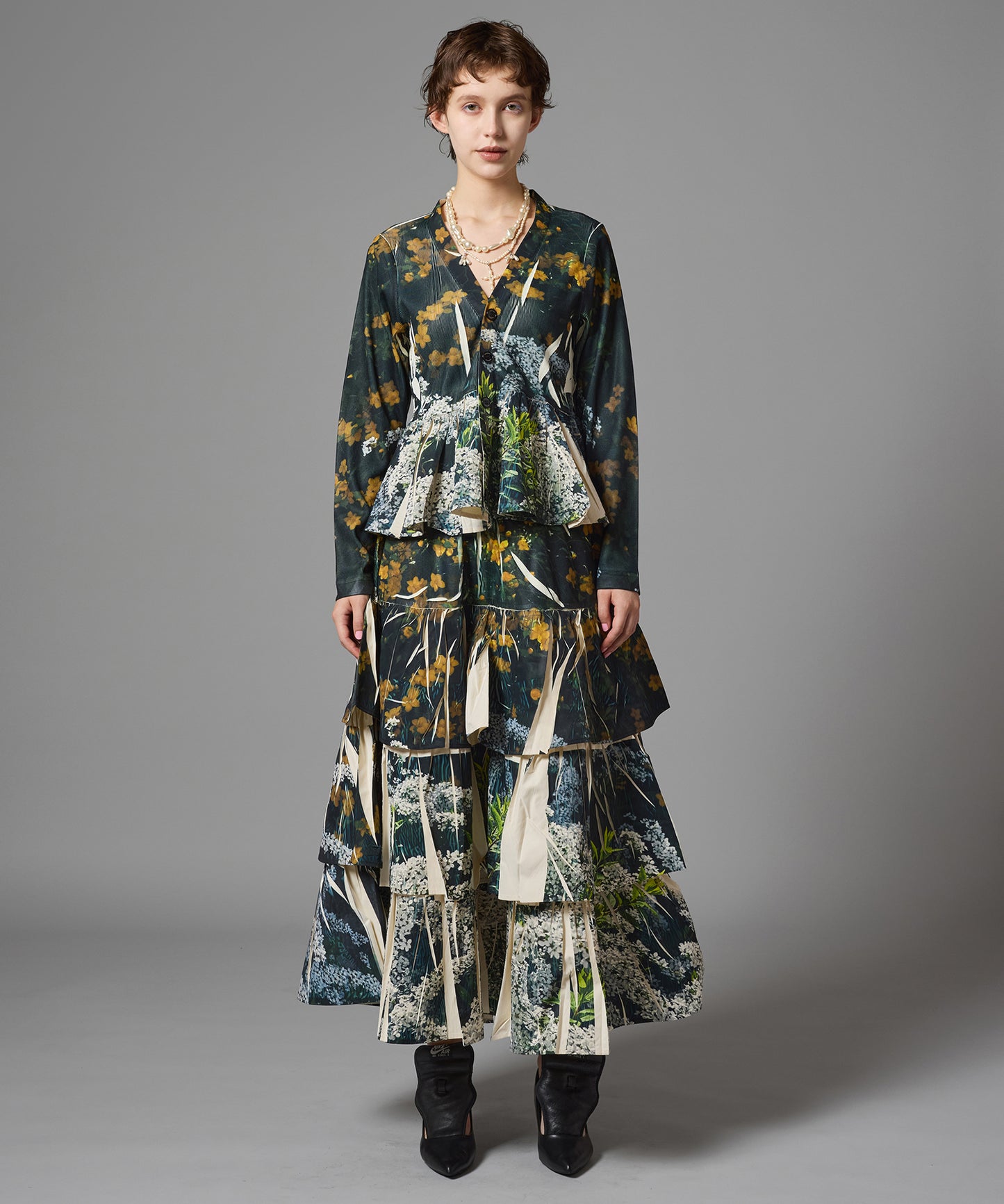 DIRECT PRINT RIB GATHER LONG SKIRT