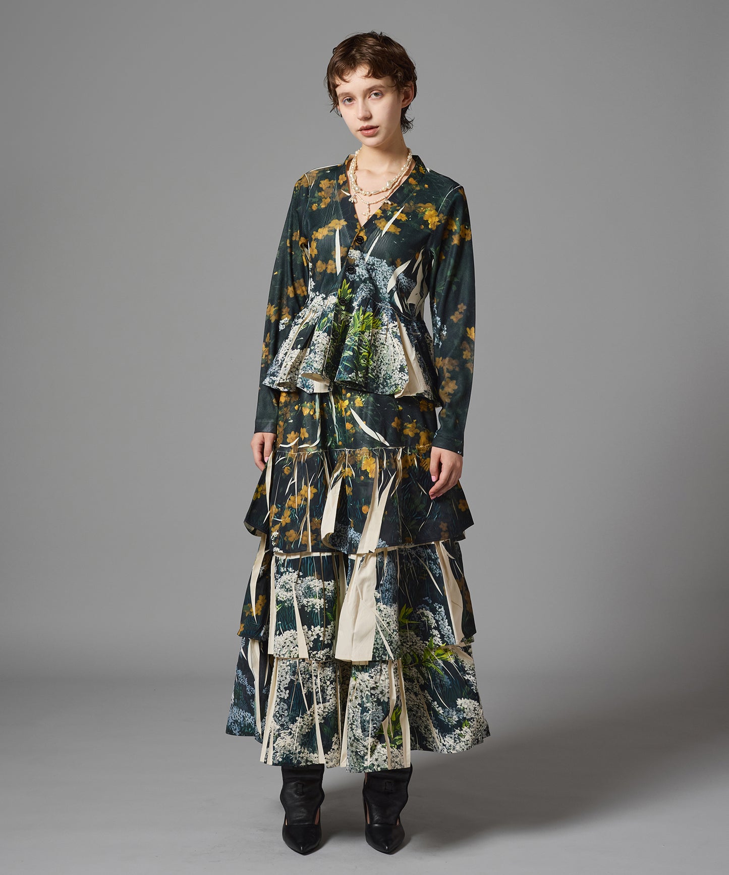 DIRECT PRINT RIB GATHER LONG SKIRT