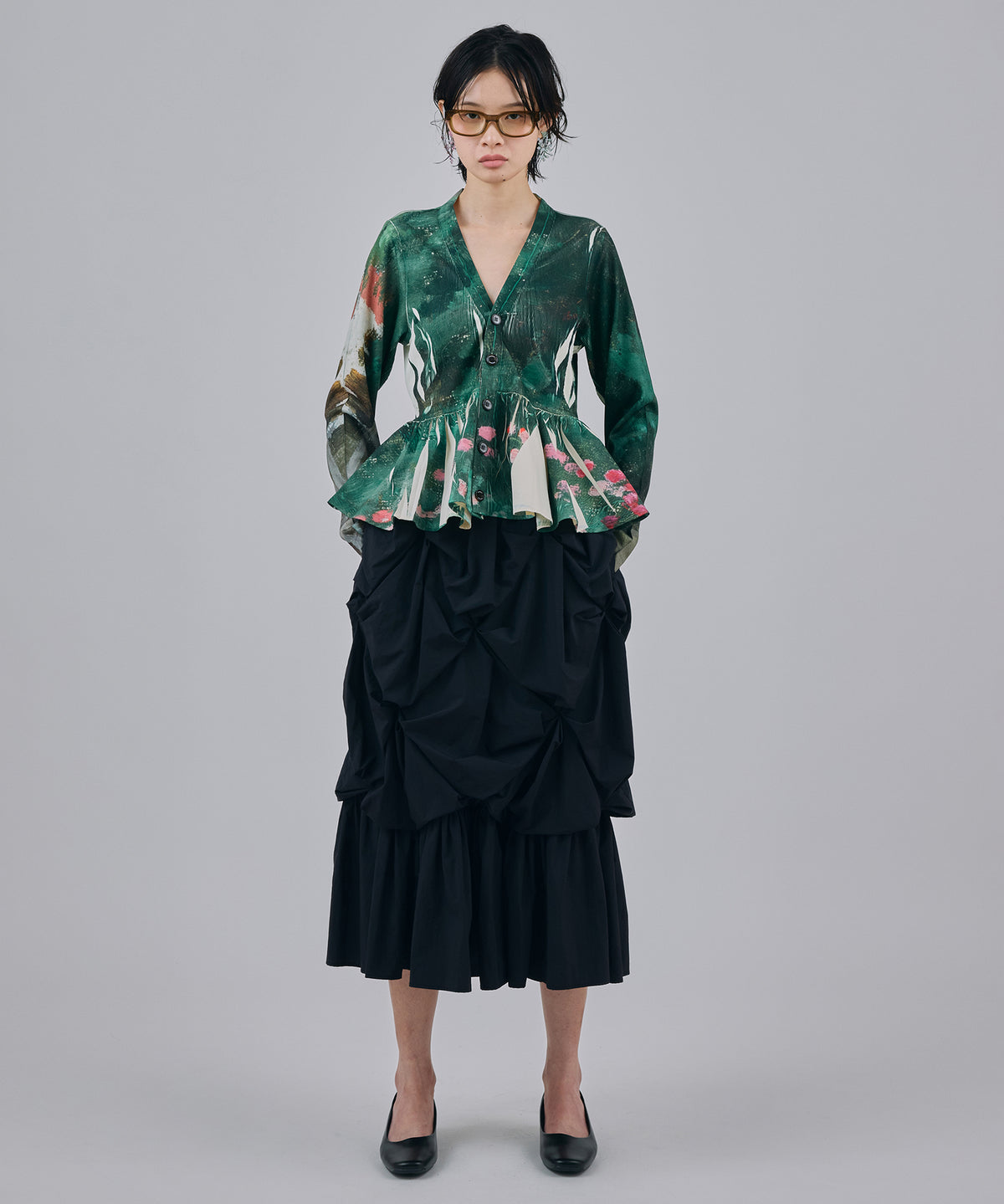 DIRECT PRINT RIB GATHER CARDIGAN