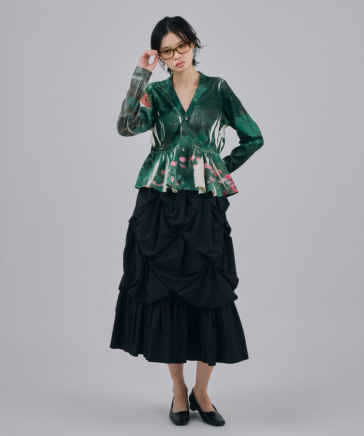 DIRECT PRINT RIB GATHER CARDIGAN