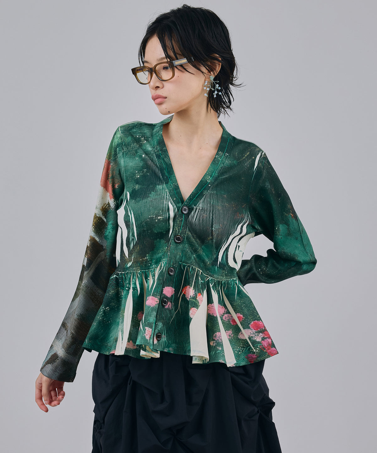 DIRECT PRINT RIB GATHER CARDIGAN