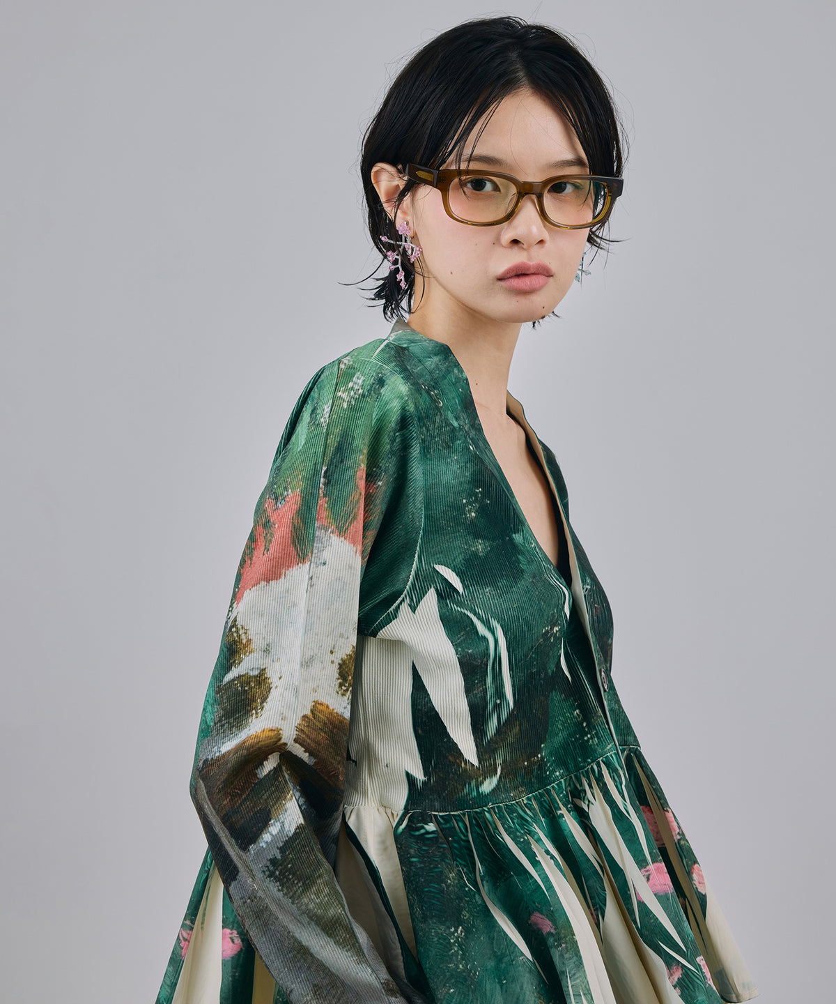 DIRECT PRINT RIB GATHER CARDIGAN