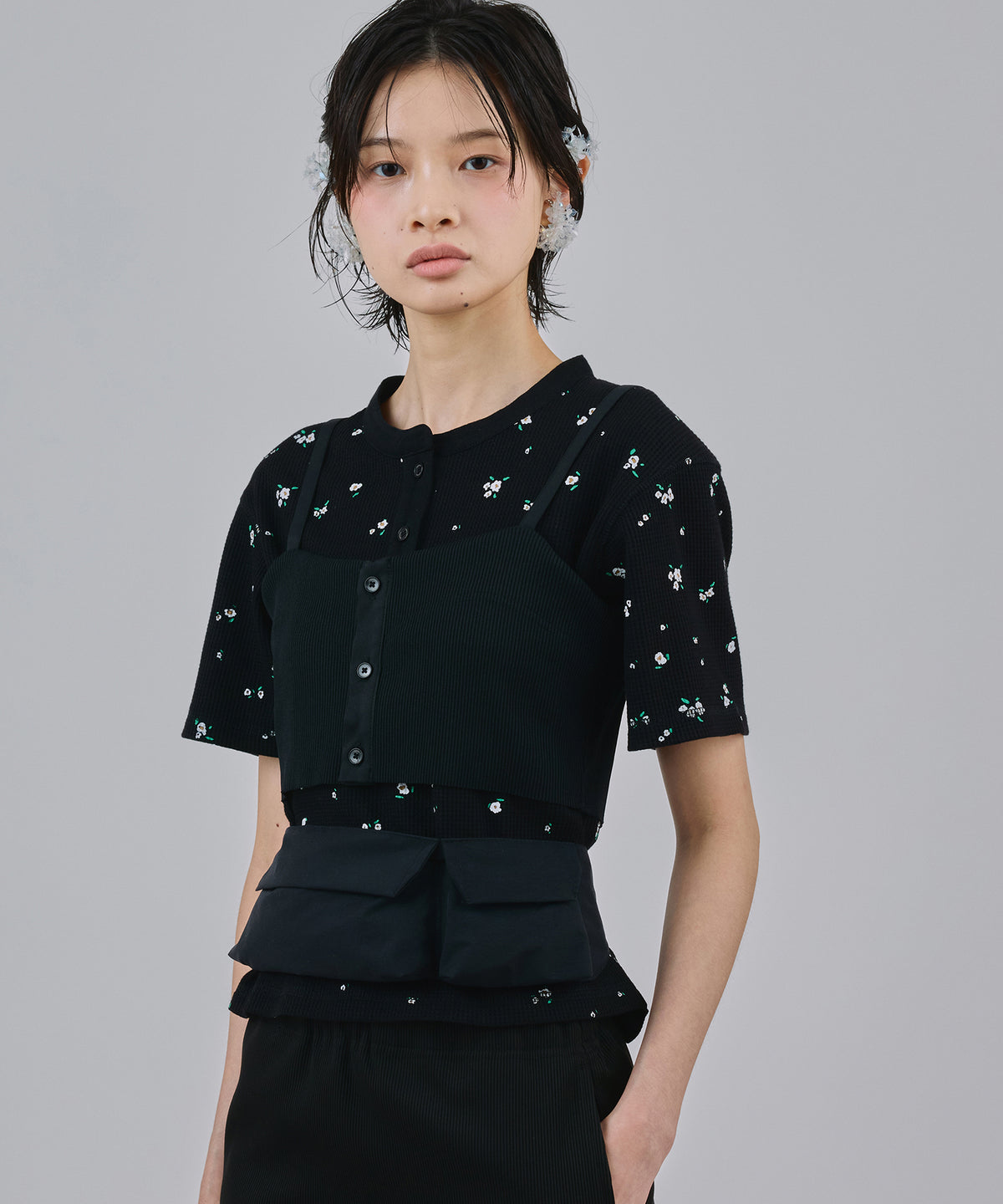 THERMAL FLOWER HENRY NECK T-SHIRT