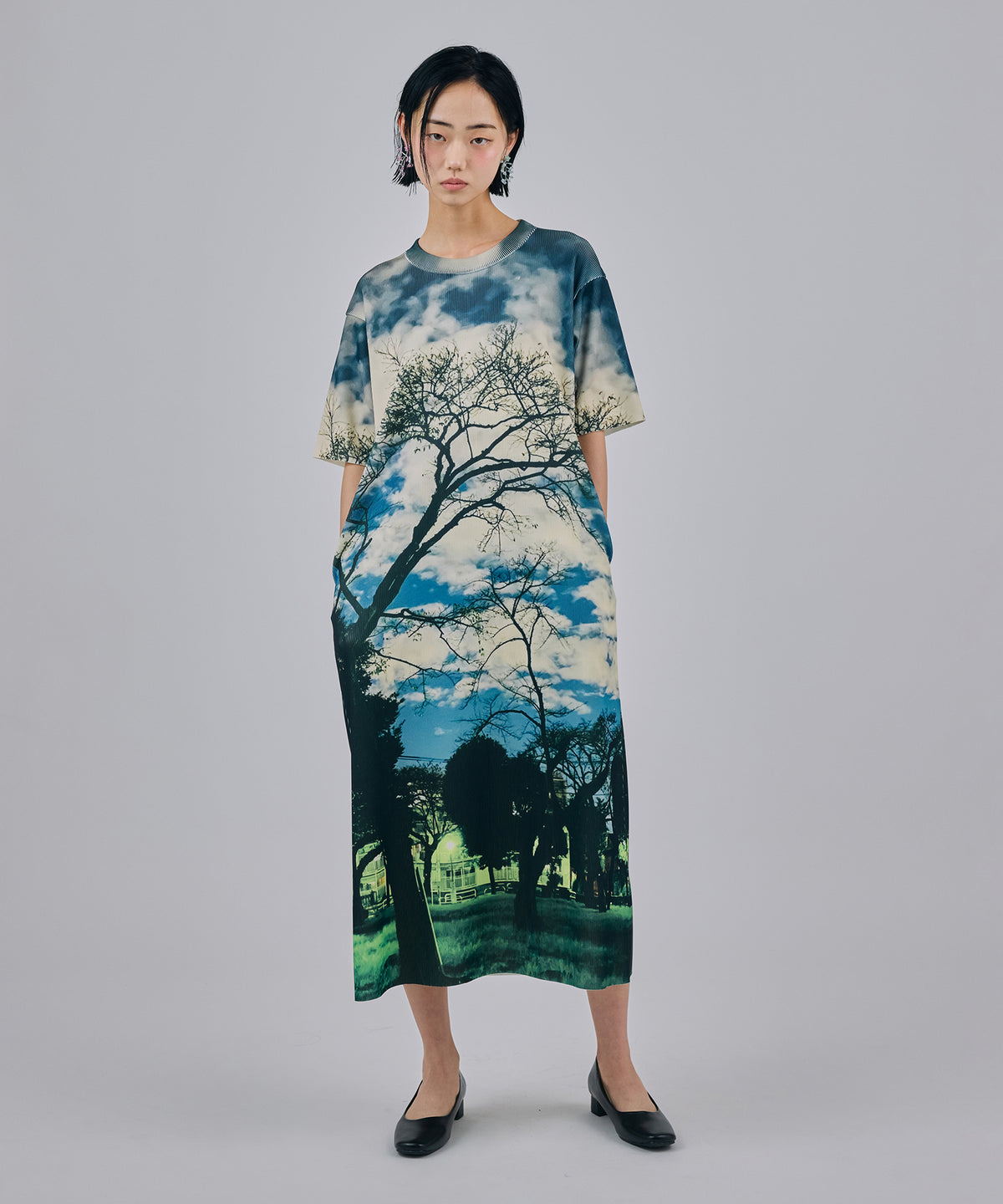 PRINT RIB HALF SLEEVE ONE-PIECE
