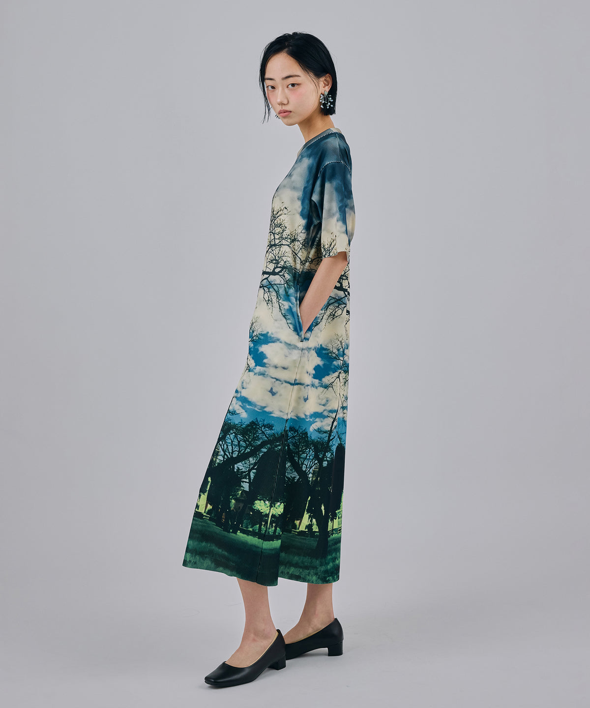 PRINT RIB HALF SLEEVE ONE-PIECE