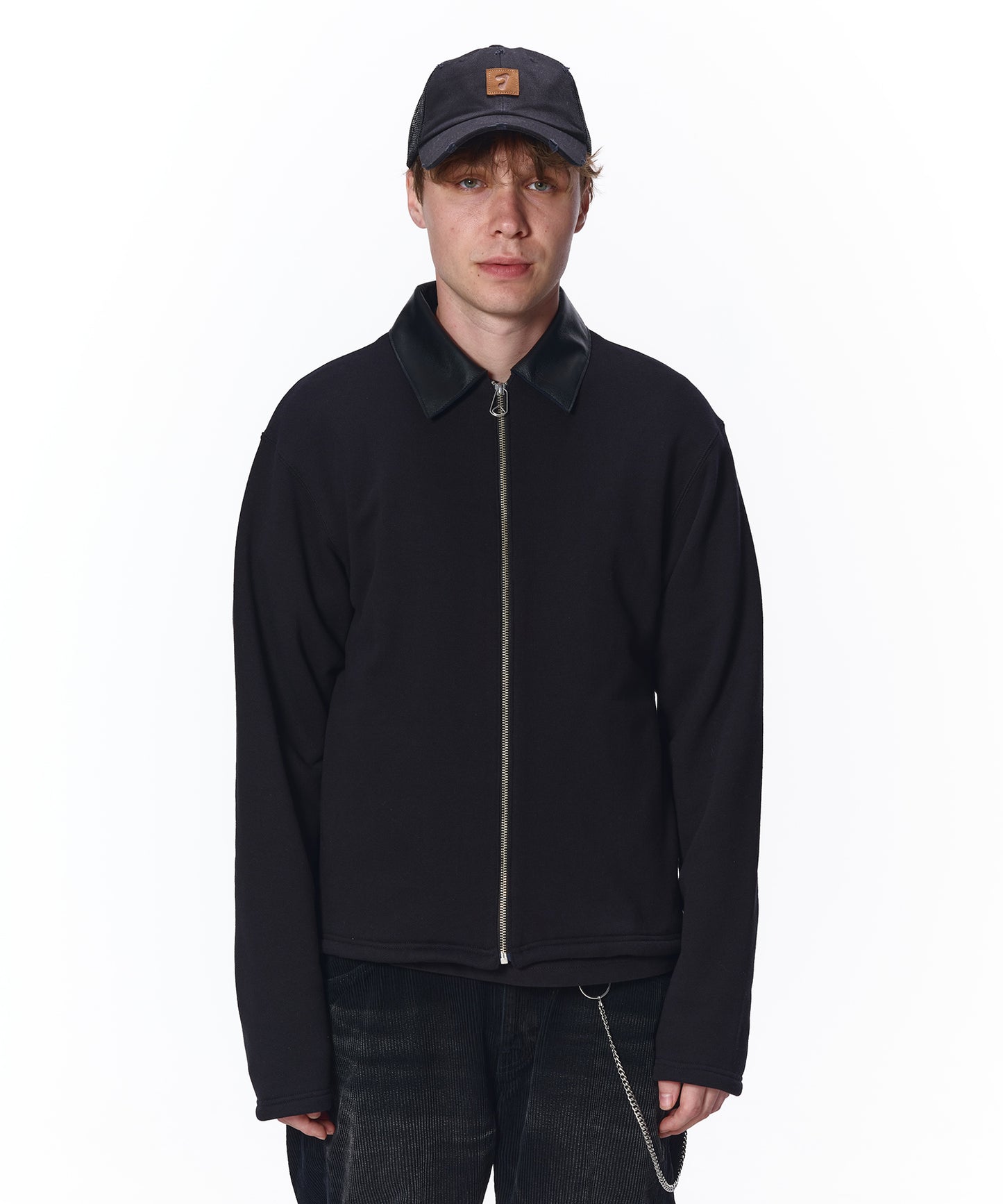 LEATHER COLLAR SWEAT ZIP JACKET