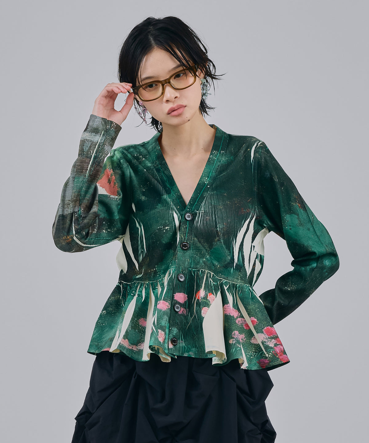 DIRECT PRINT RIB GATHER CARDIGAN