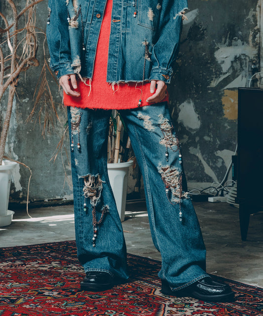 CHAIN DAMEGE DENIM PANTS