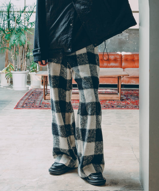 block plaid wide full-length slacks