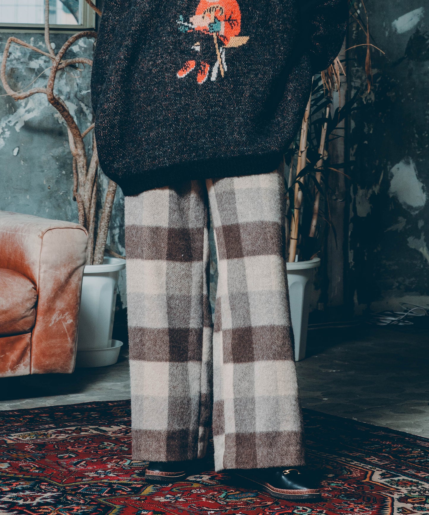 block plaid wide full-length slacks