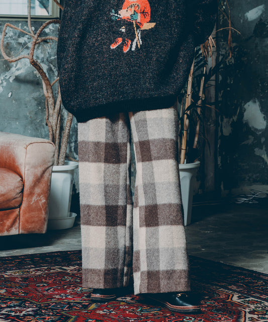 block plaid wide full-length slacks