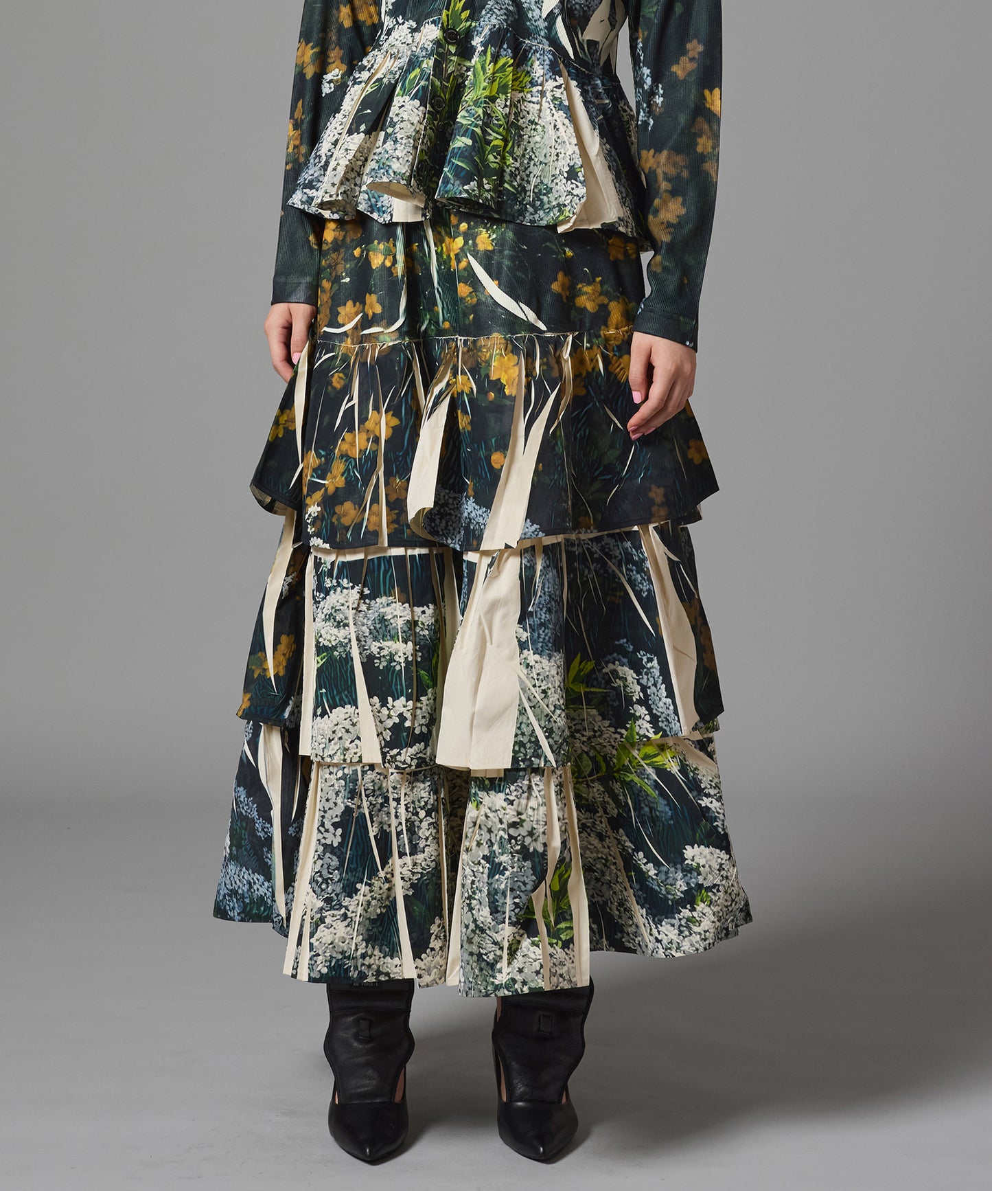 DIRECT PRINT RIB GATHER LONG SKIRT