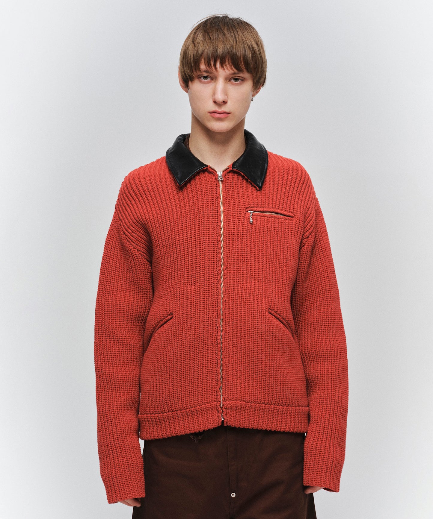 LEATHER-COLLAR KNIT WORK JACKET