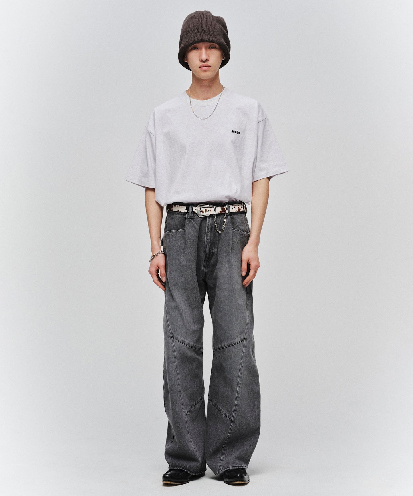 USED WASH ENGINEERED DRAPED FLARE DENIM PANTS