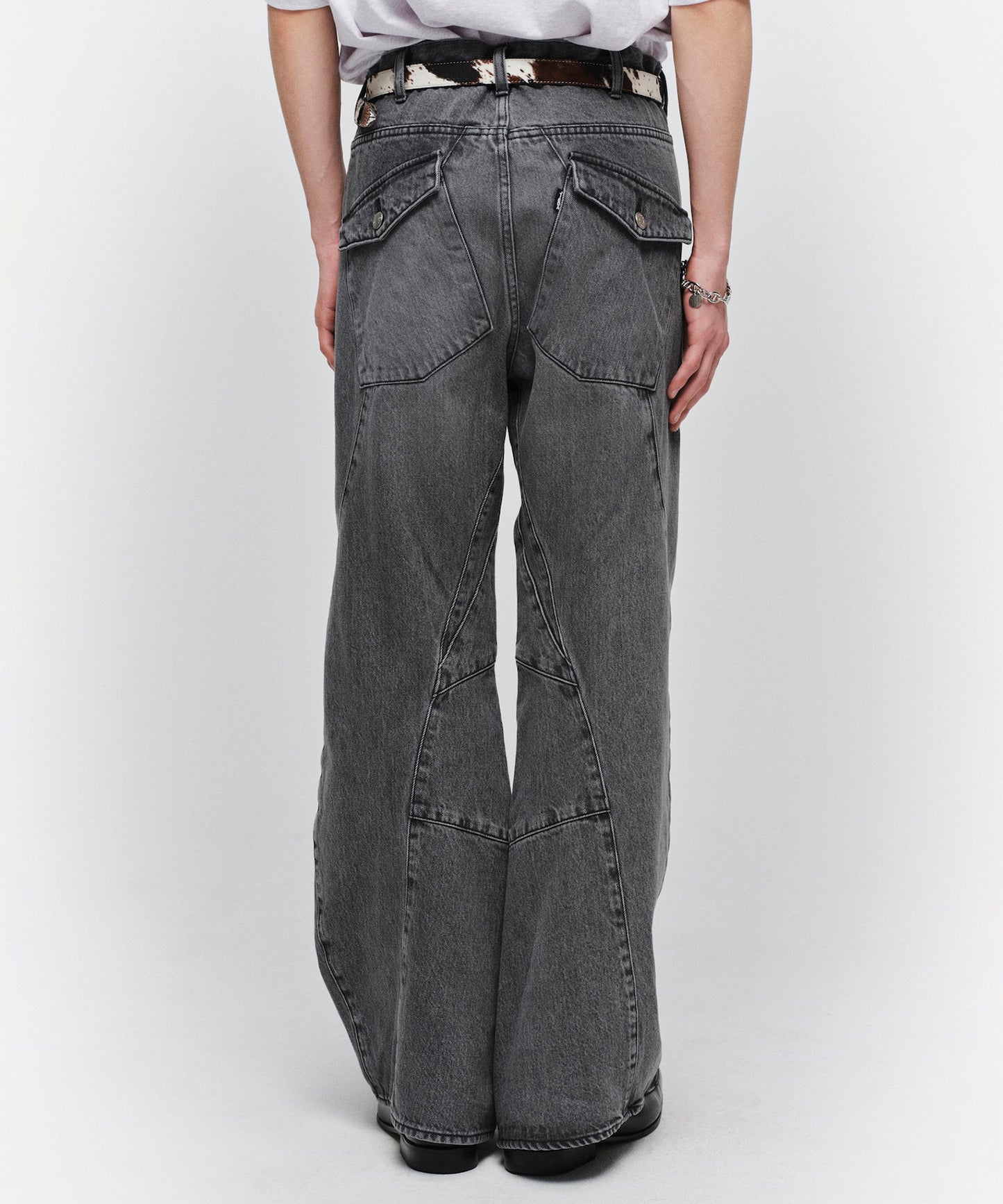 USED WASH ENGINEERED DRAPED FLARE DENIM PANTS