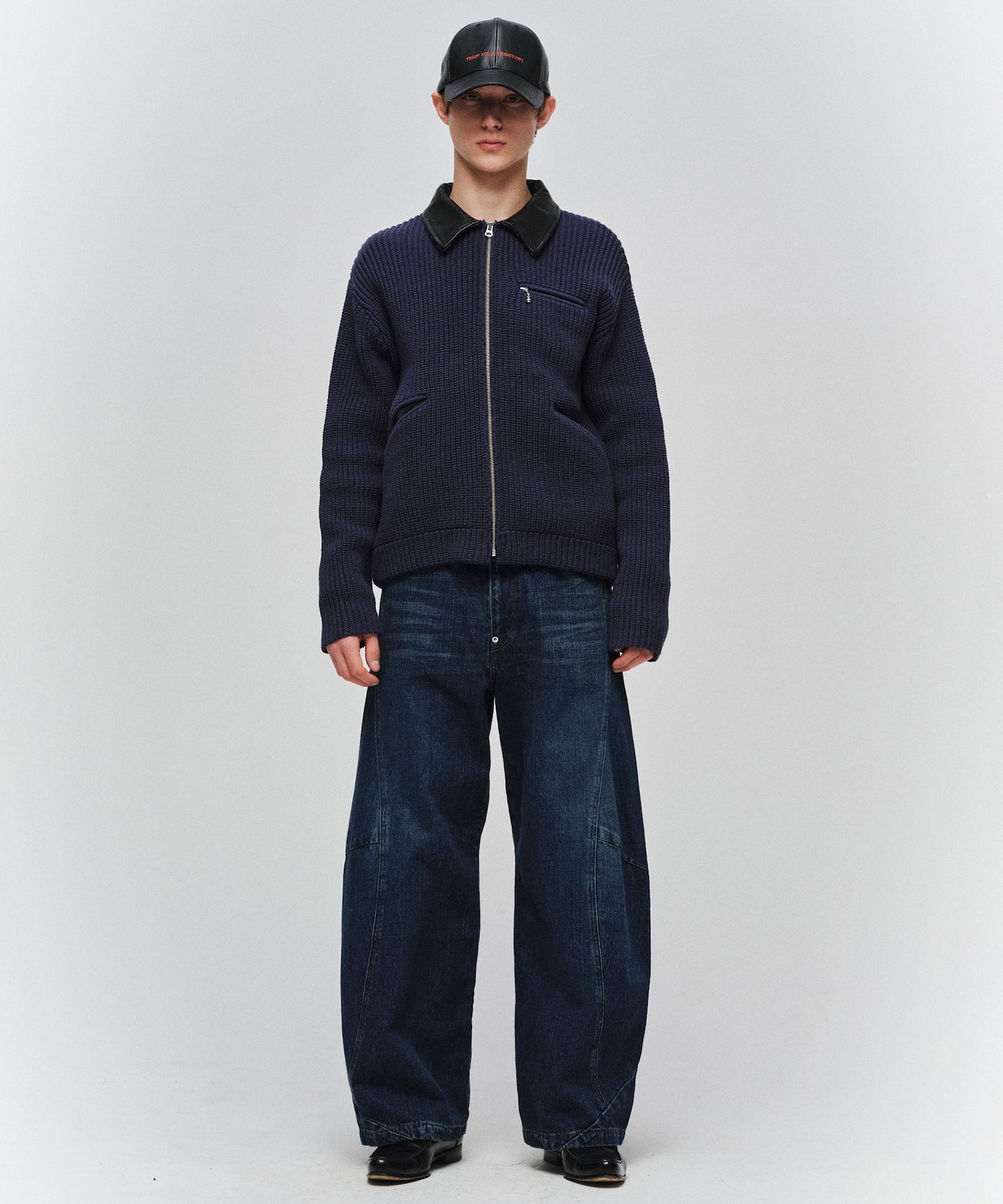 LEATHER-COLLAR KNIT WORK JACKET